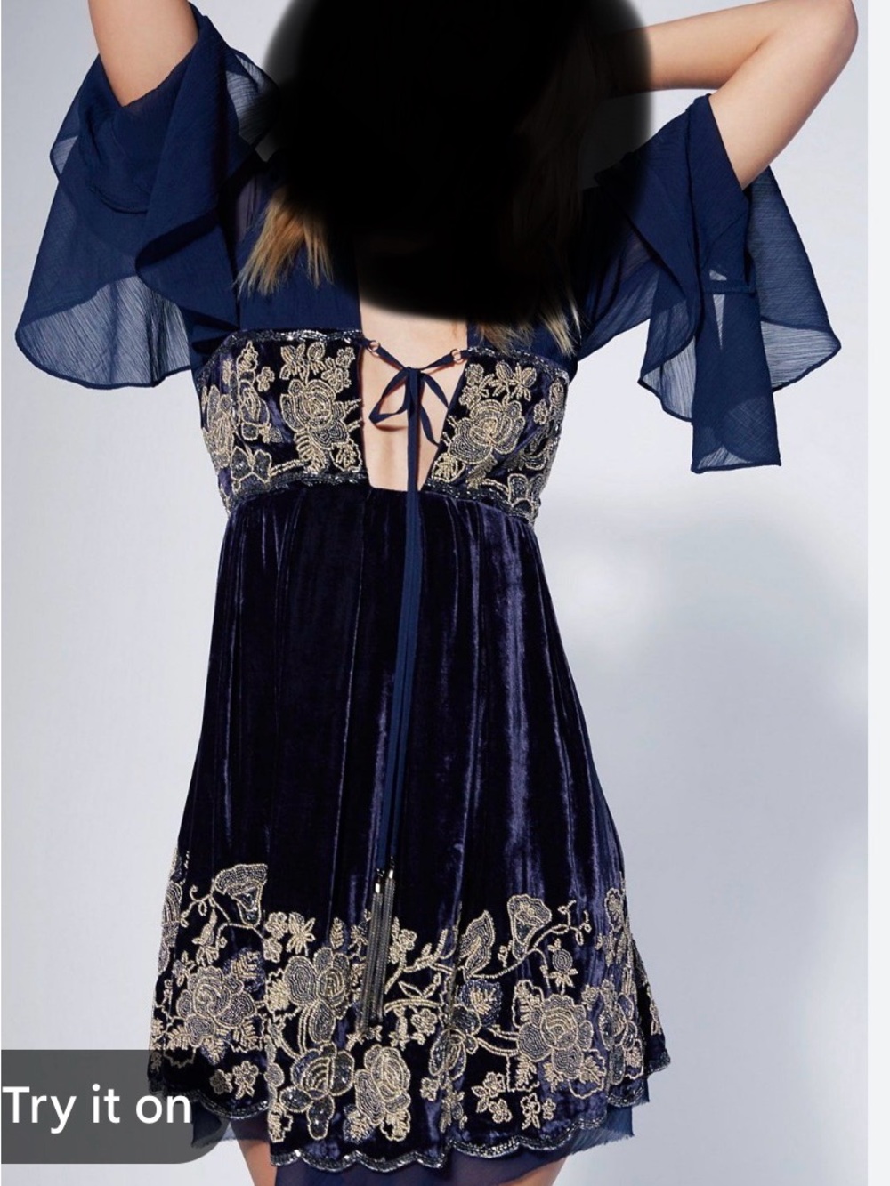 Navy Velvet Embroidered Mini Dress with Sheer Bell Sleeves